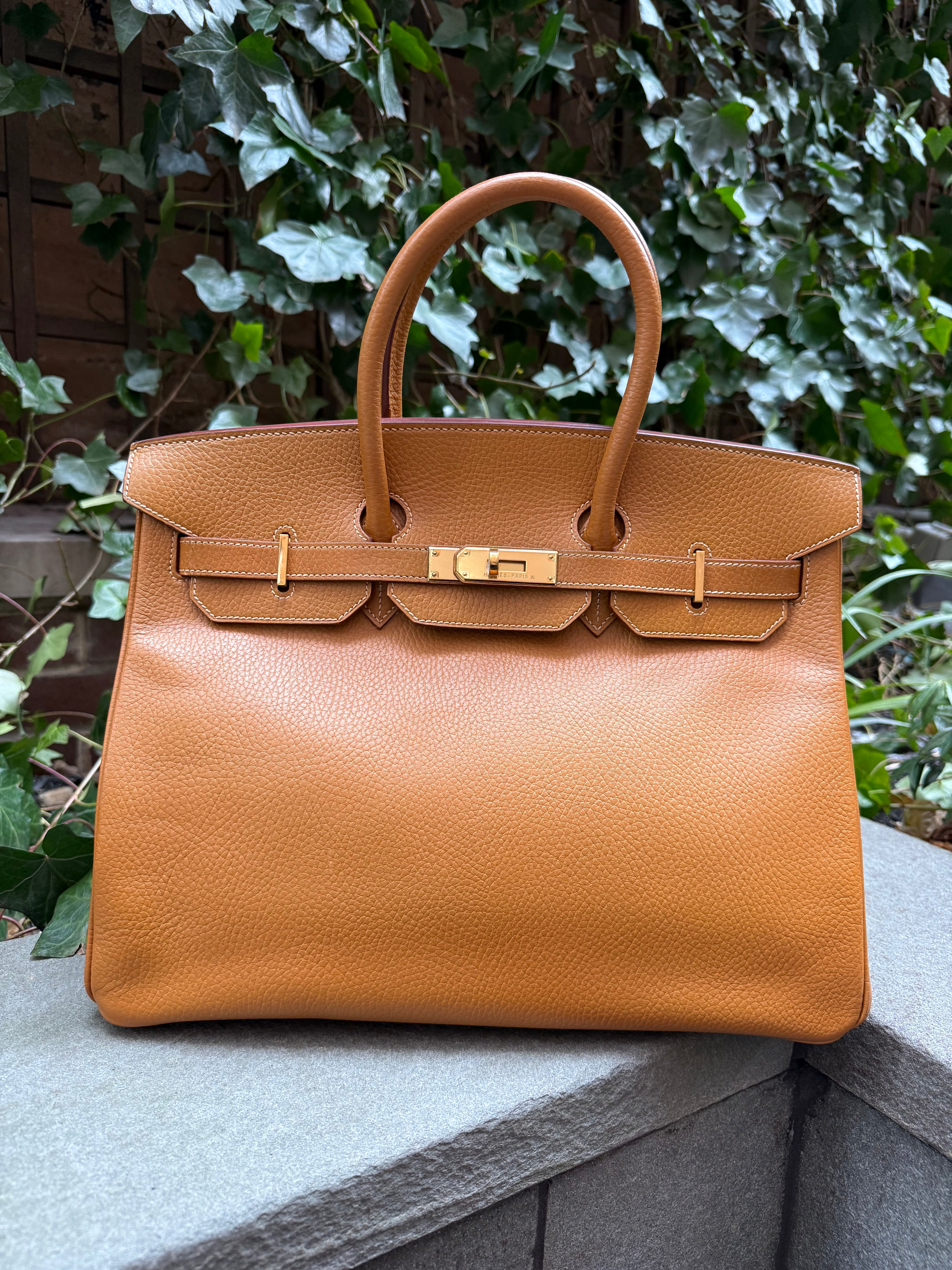 Birkin B35 camel with gold hardware, stickers still on.