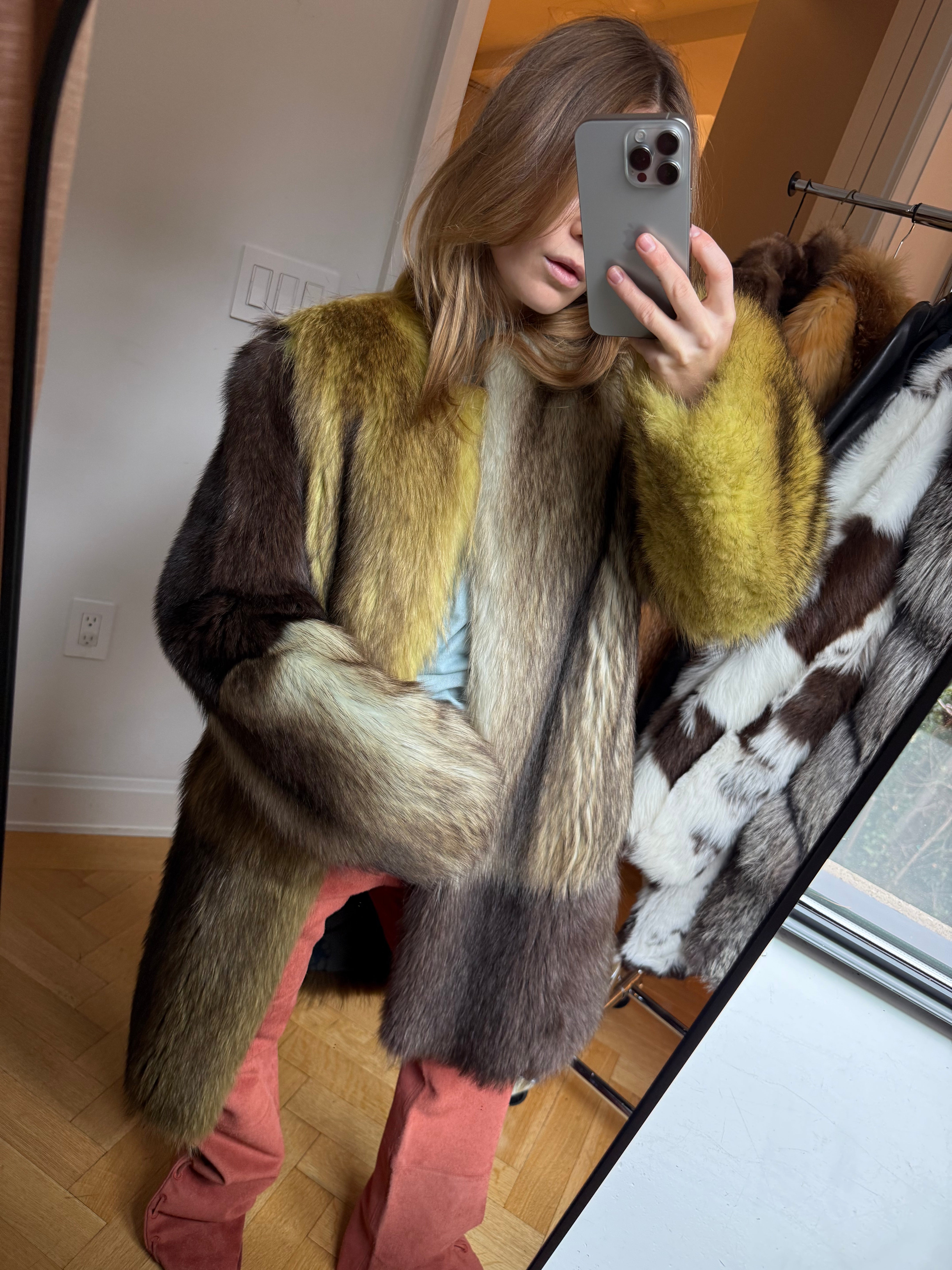 Vera Wang color block fur jacket