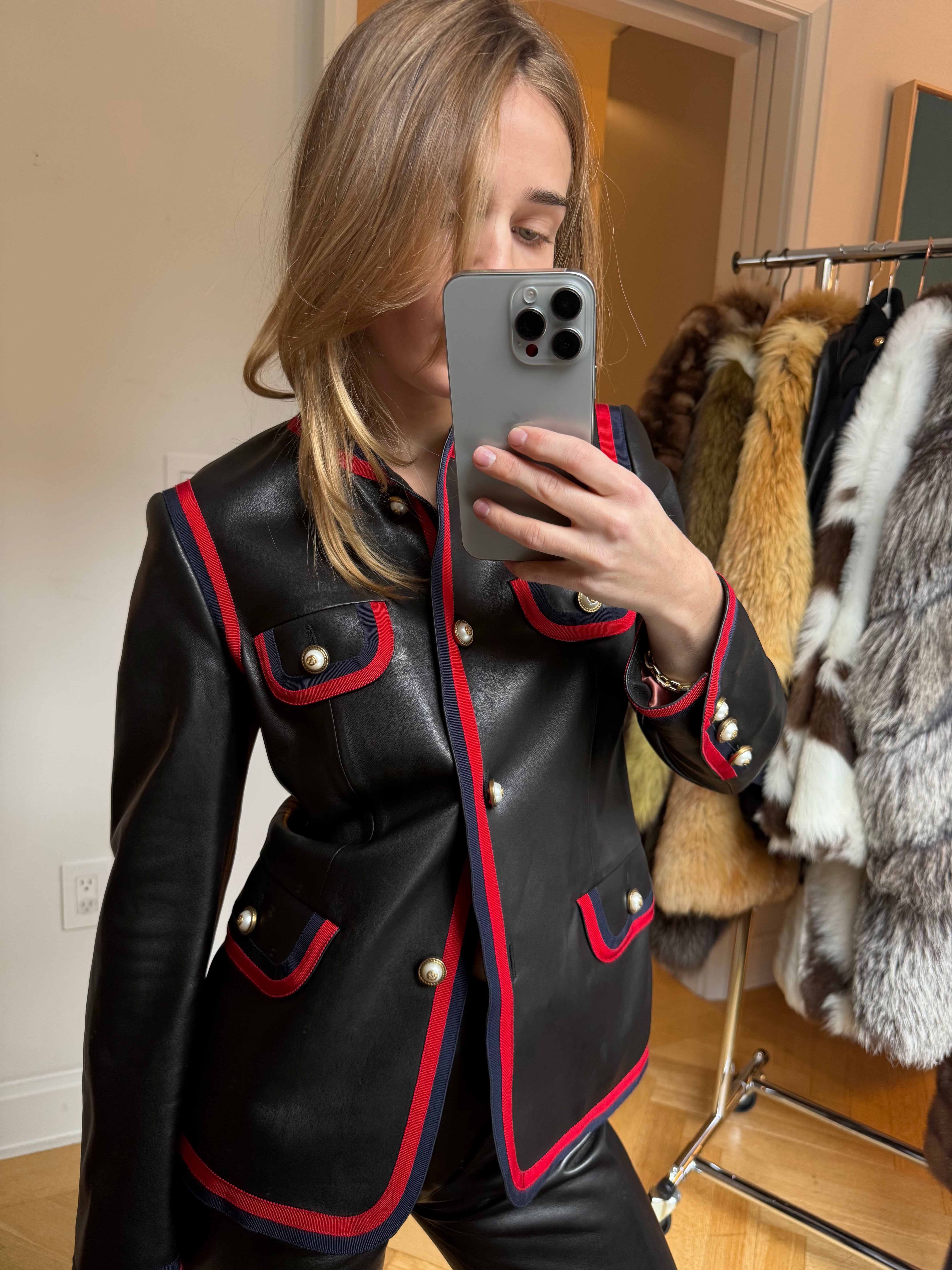 Gucci Leather Jacket with Pearl Buttons