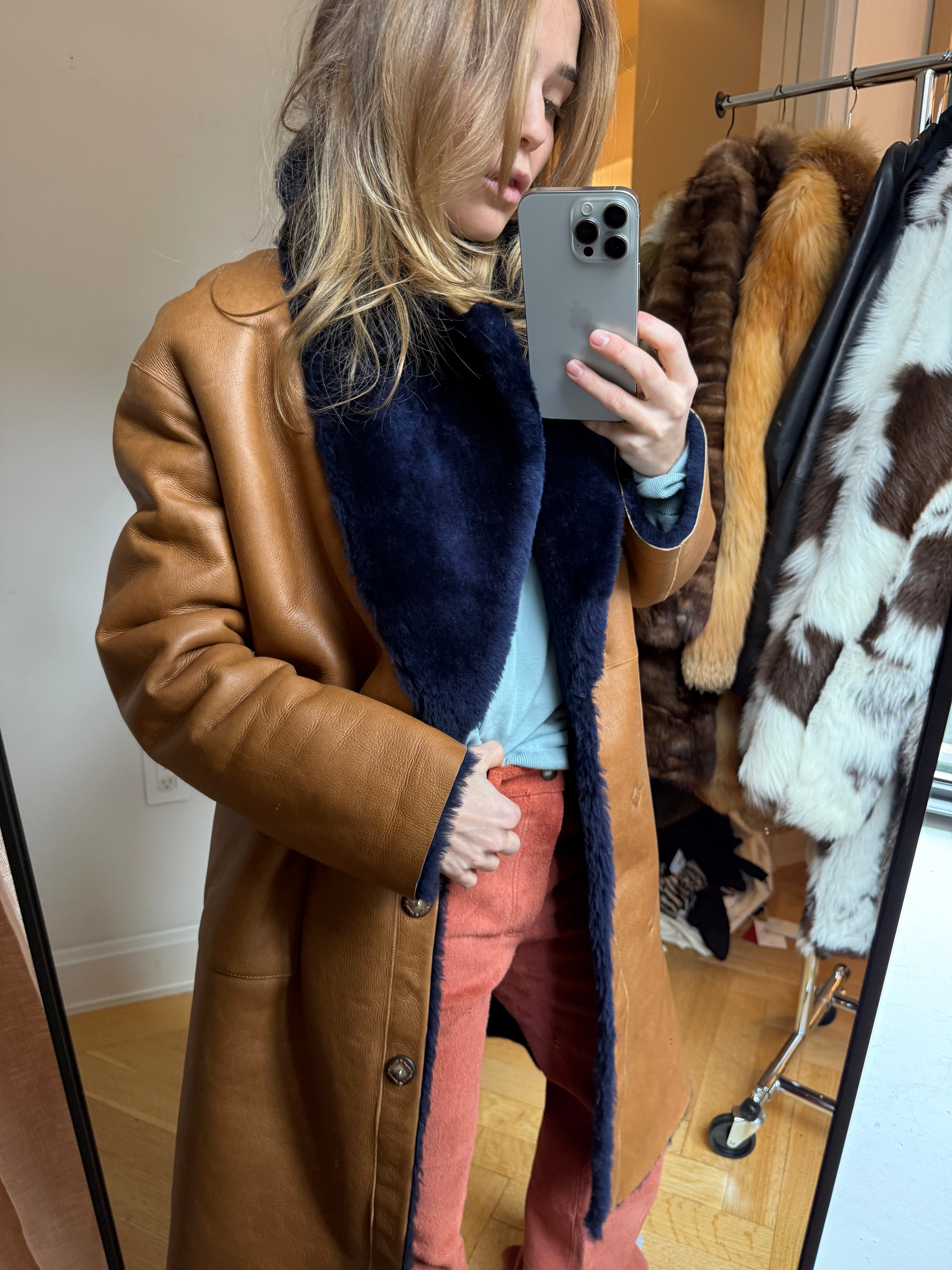Shearling navy and leather coat