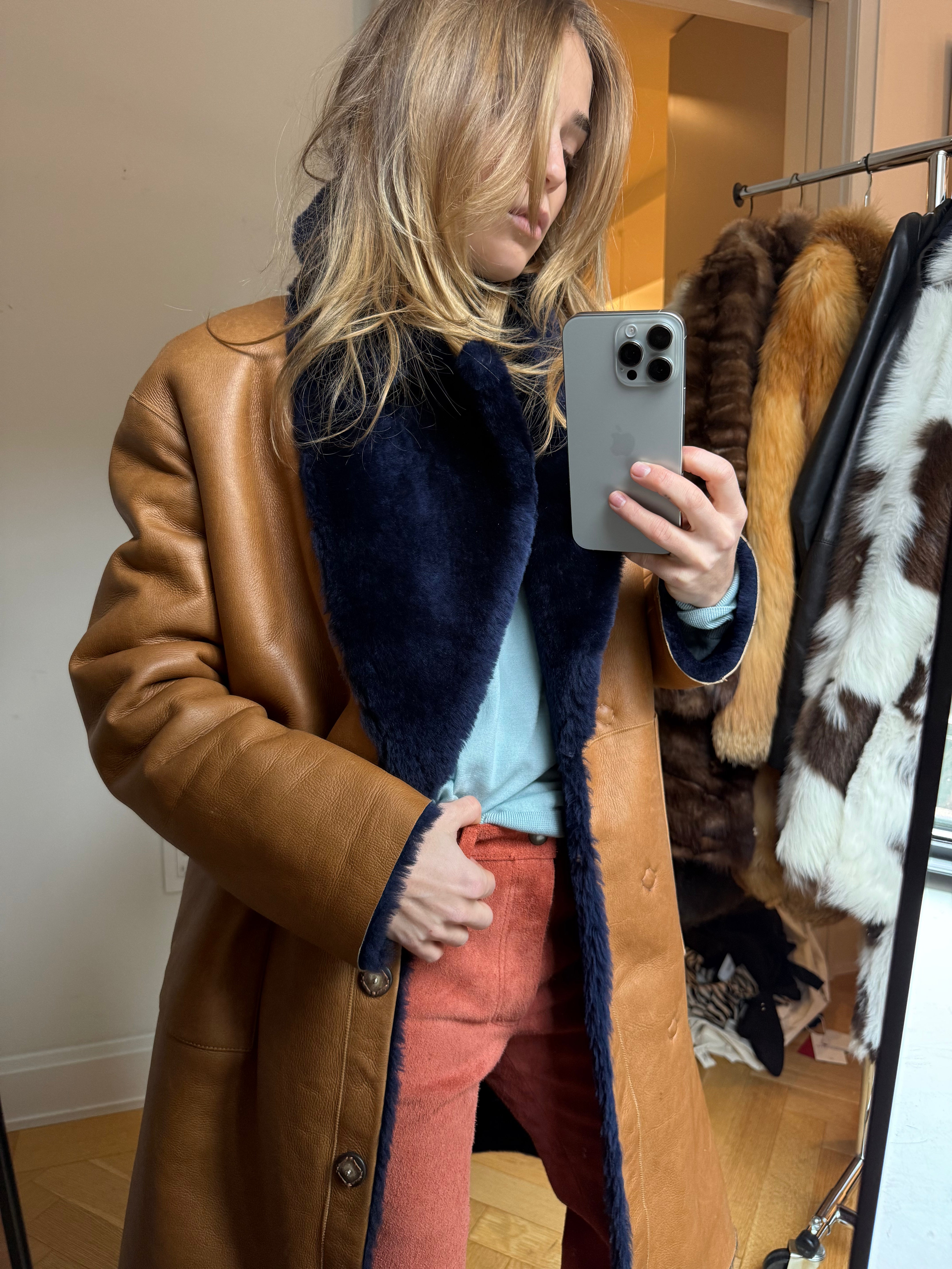 Shearling navy and leather coat