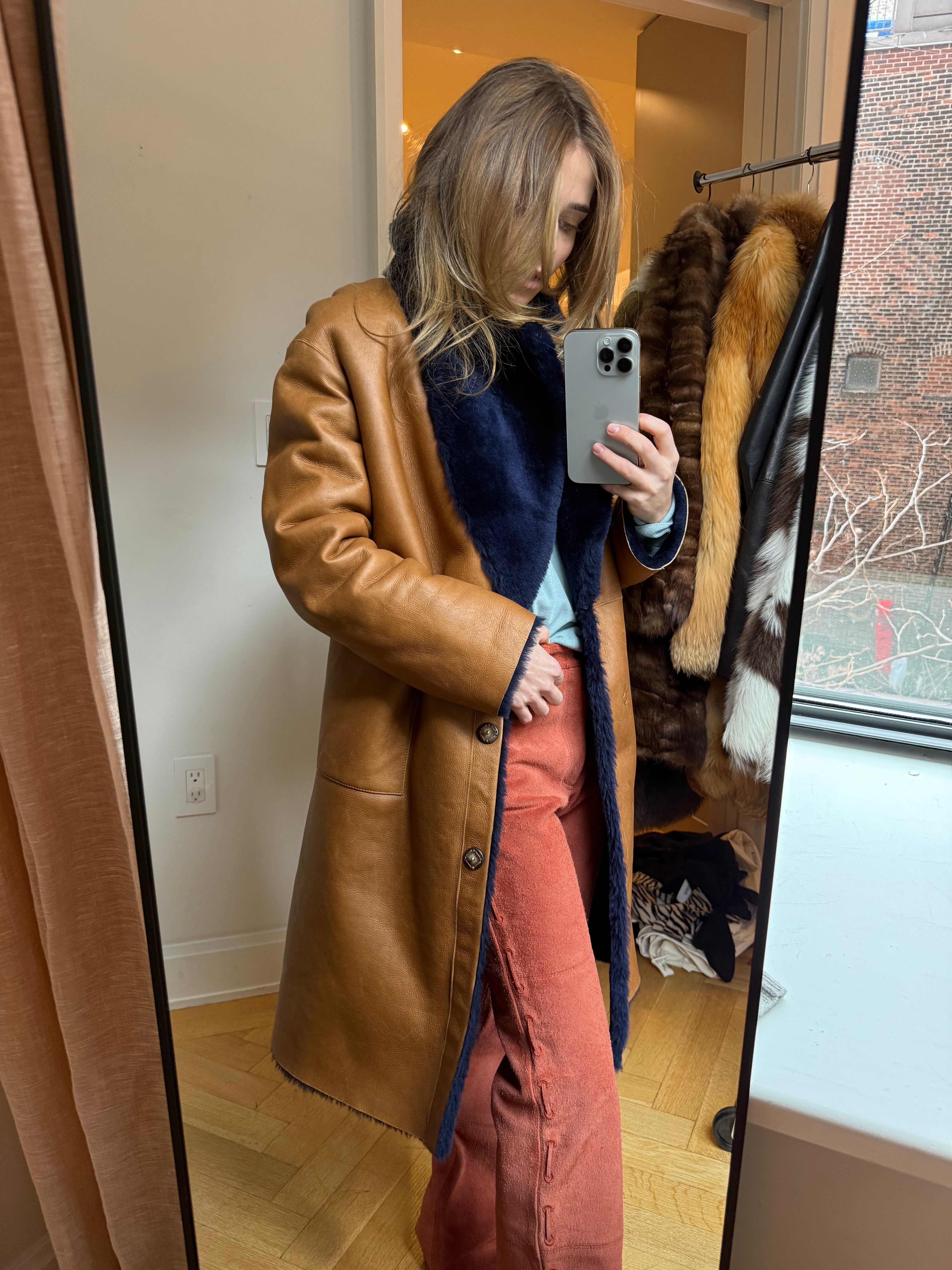 Shearling navy and leather coat