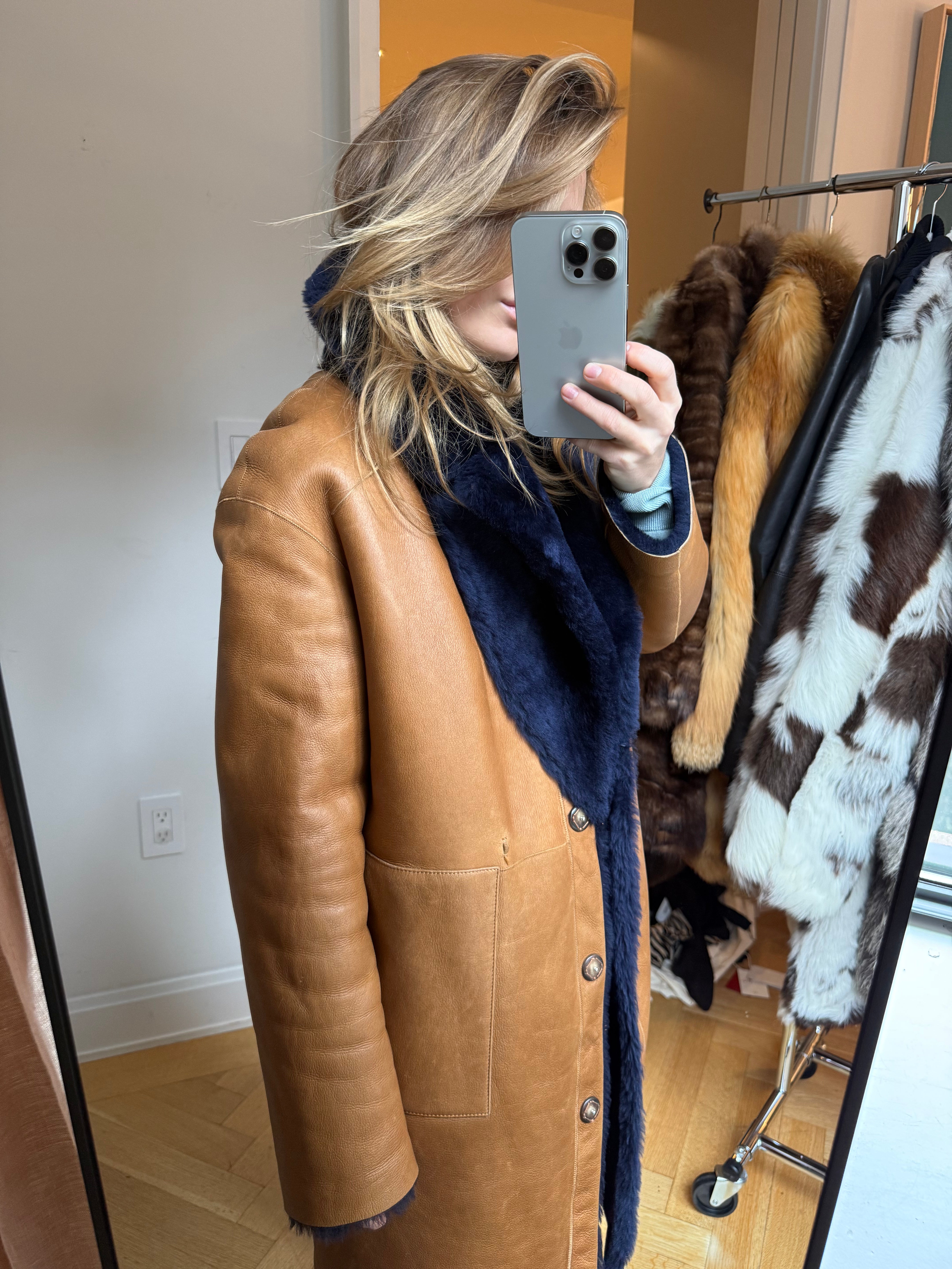 Shearling navy and leather coat