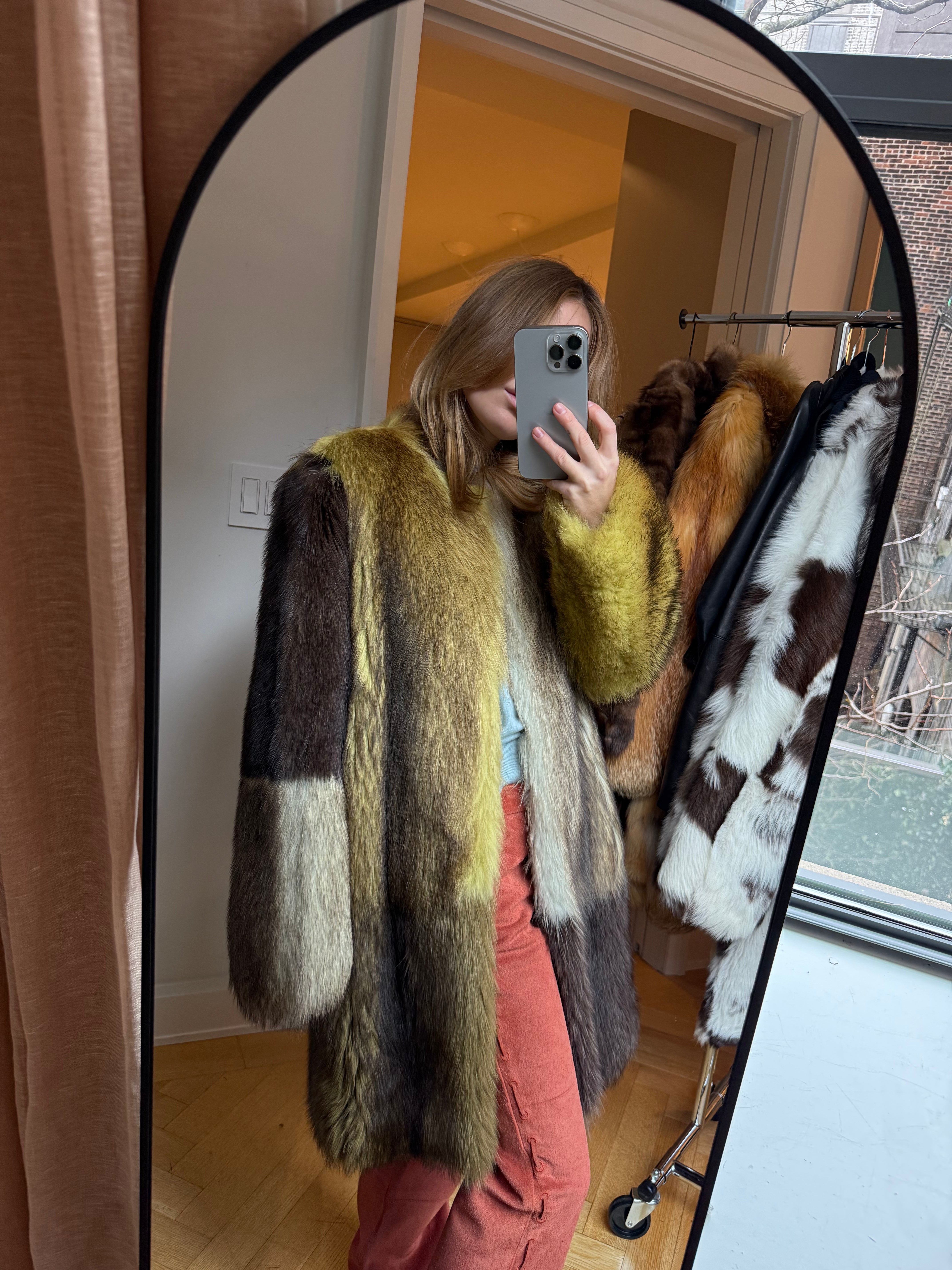 Vera Wang color block fur jacket