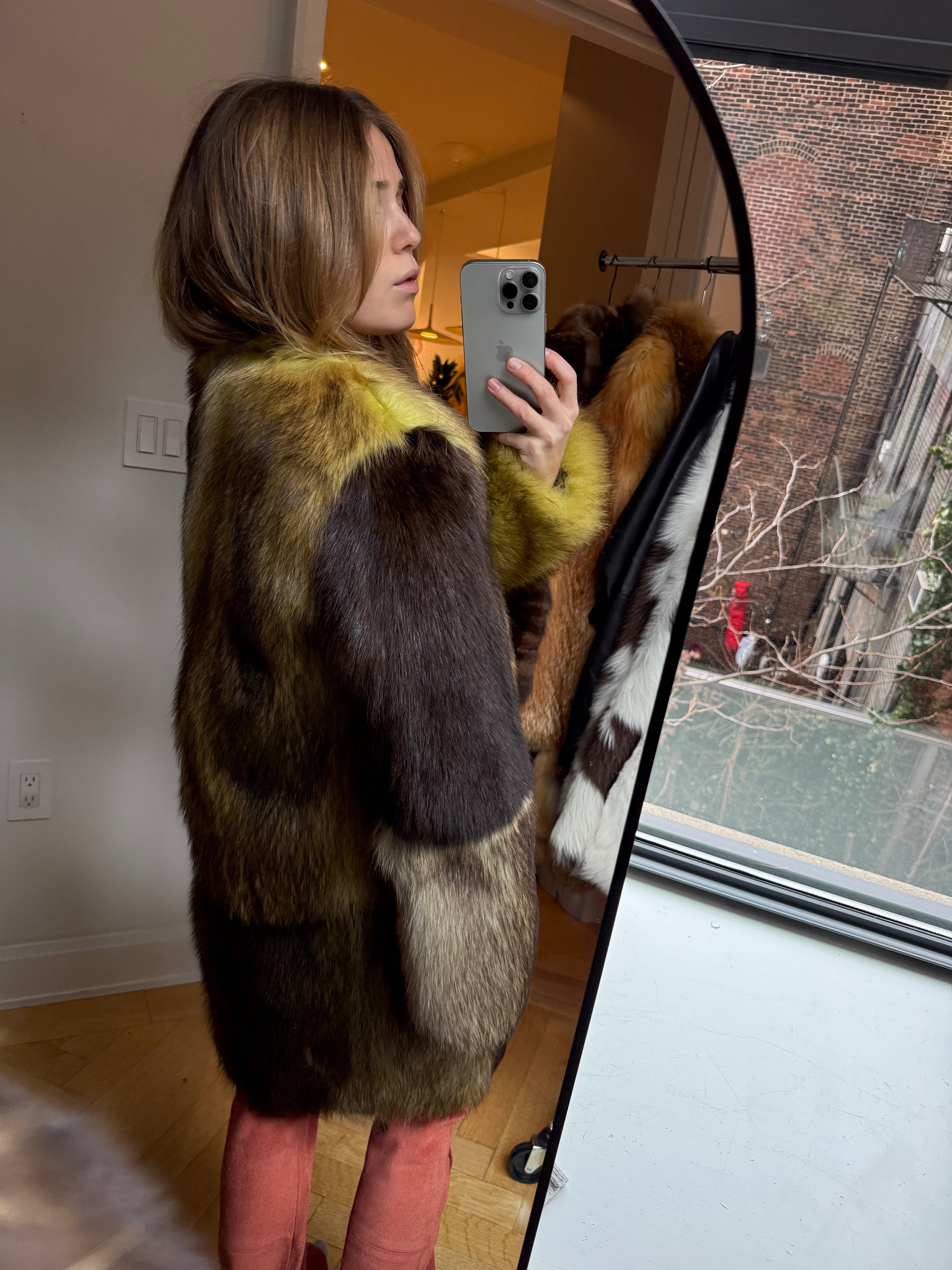 Vera Wang color block fur jacket