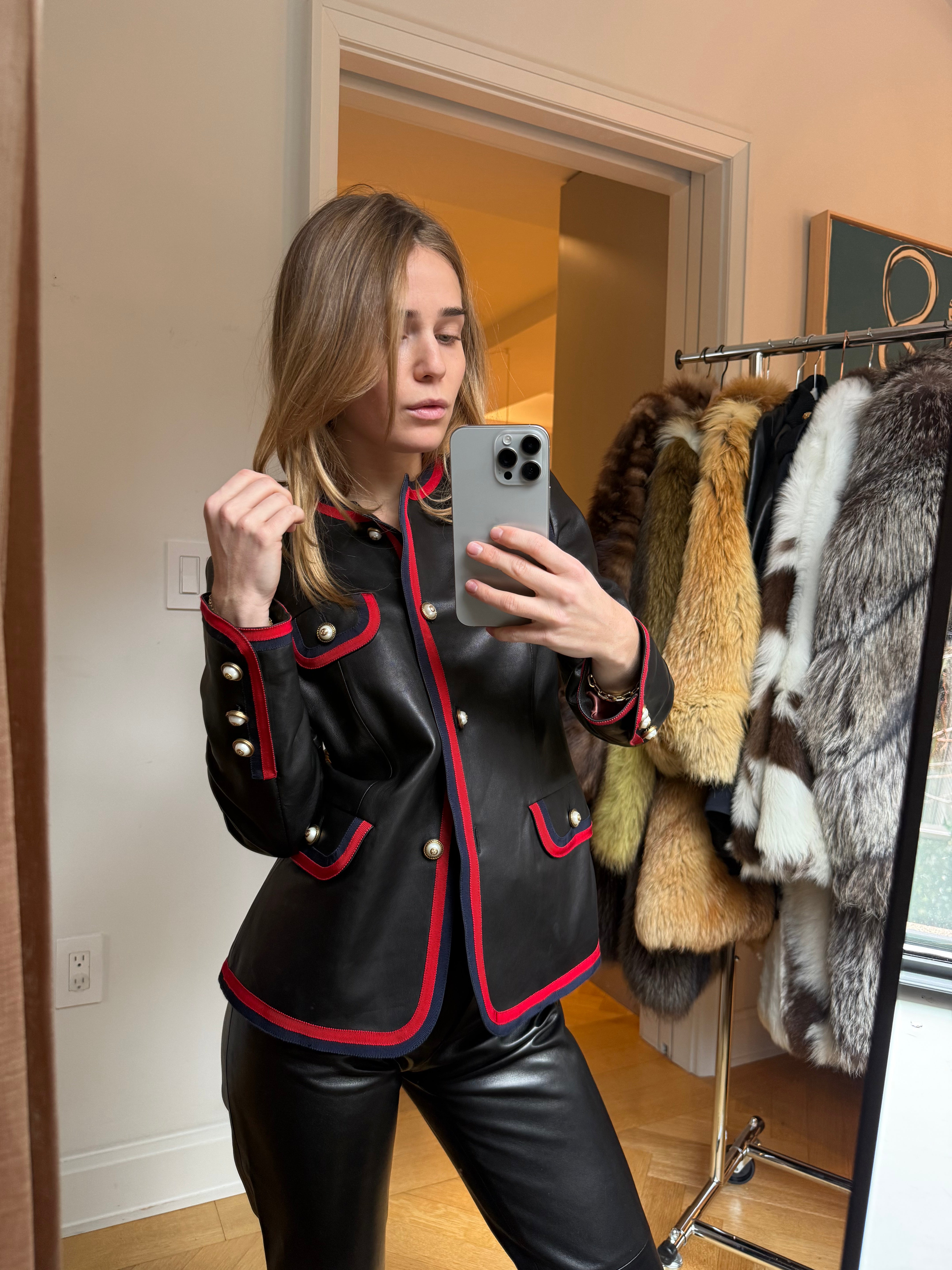 Gucci Leather Jacket with Pearl Buttons